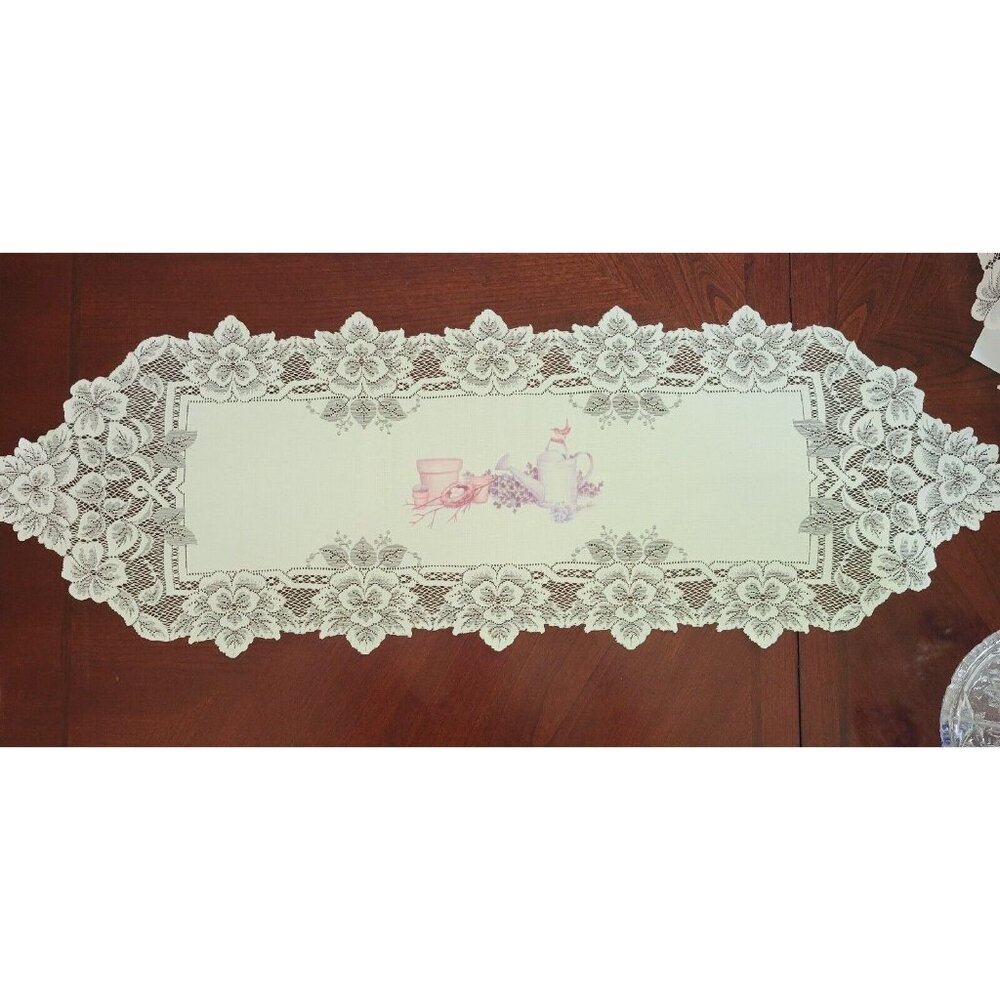 Vintage Heritage Lace, Heirloom Pink Teapot Birds Nest Runner, 14 x 42 White